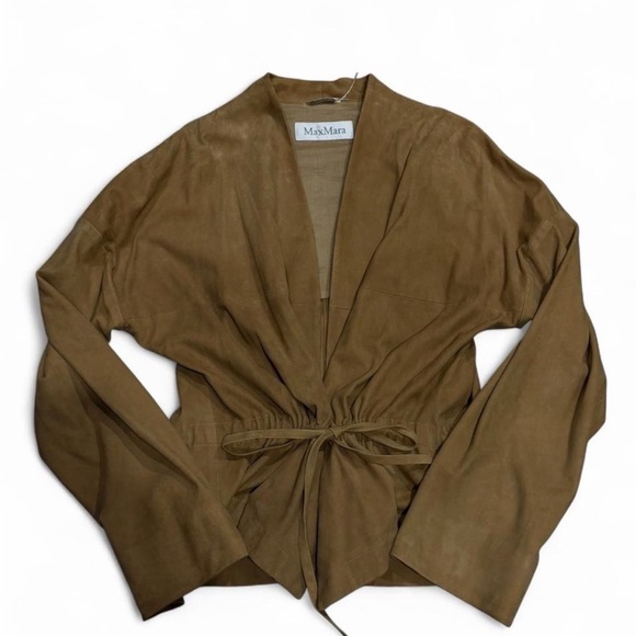 NWOT Max Mara Suede Leather Jacket Silk Lined Brown Tie Waist Italy Size 46 US12 - Picture 6 of 11